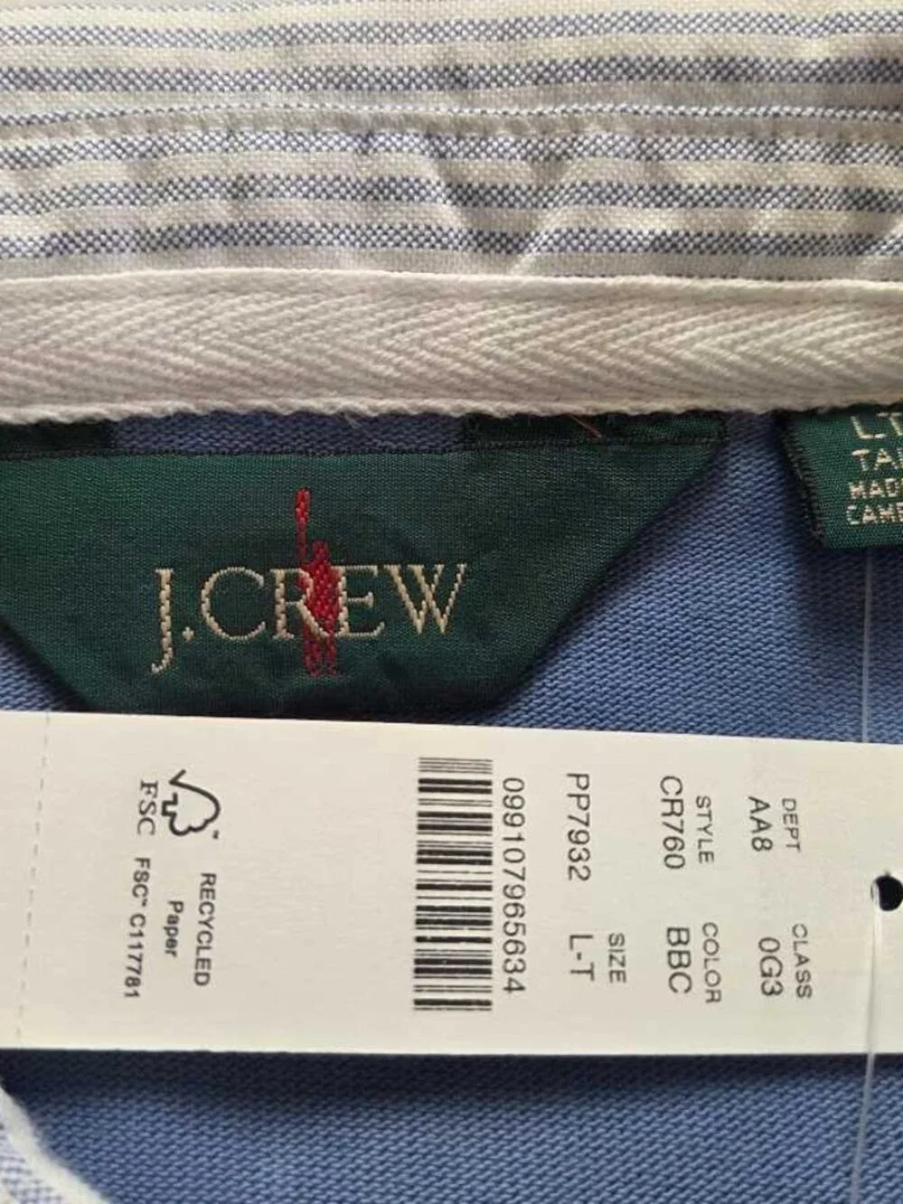New L Tall J.Crew rugby shirt with striped oxford collar blue longsleve polo LT